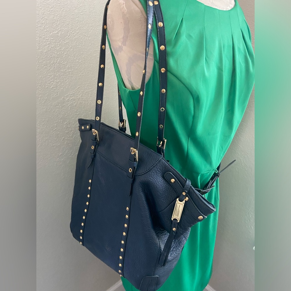 Steven by Steve Madden Leather Navy Blue Tote Purse Bag Gold Studded for Office